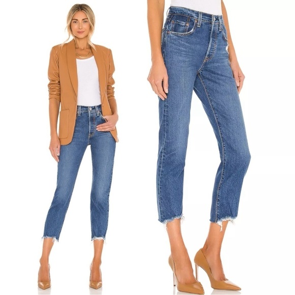 Levi's 501 Premium Crop Jeans in Charleston Fun Size 27 Big E Distressed Raw Hem - Picture 3 of 16